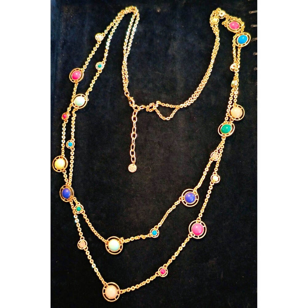 Talbots Gold Tone Multicolor Round Stone Station Cable Chain Necklace Signed